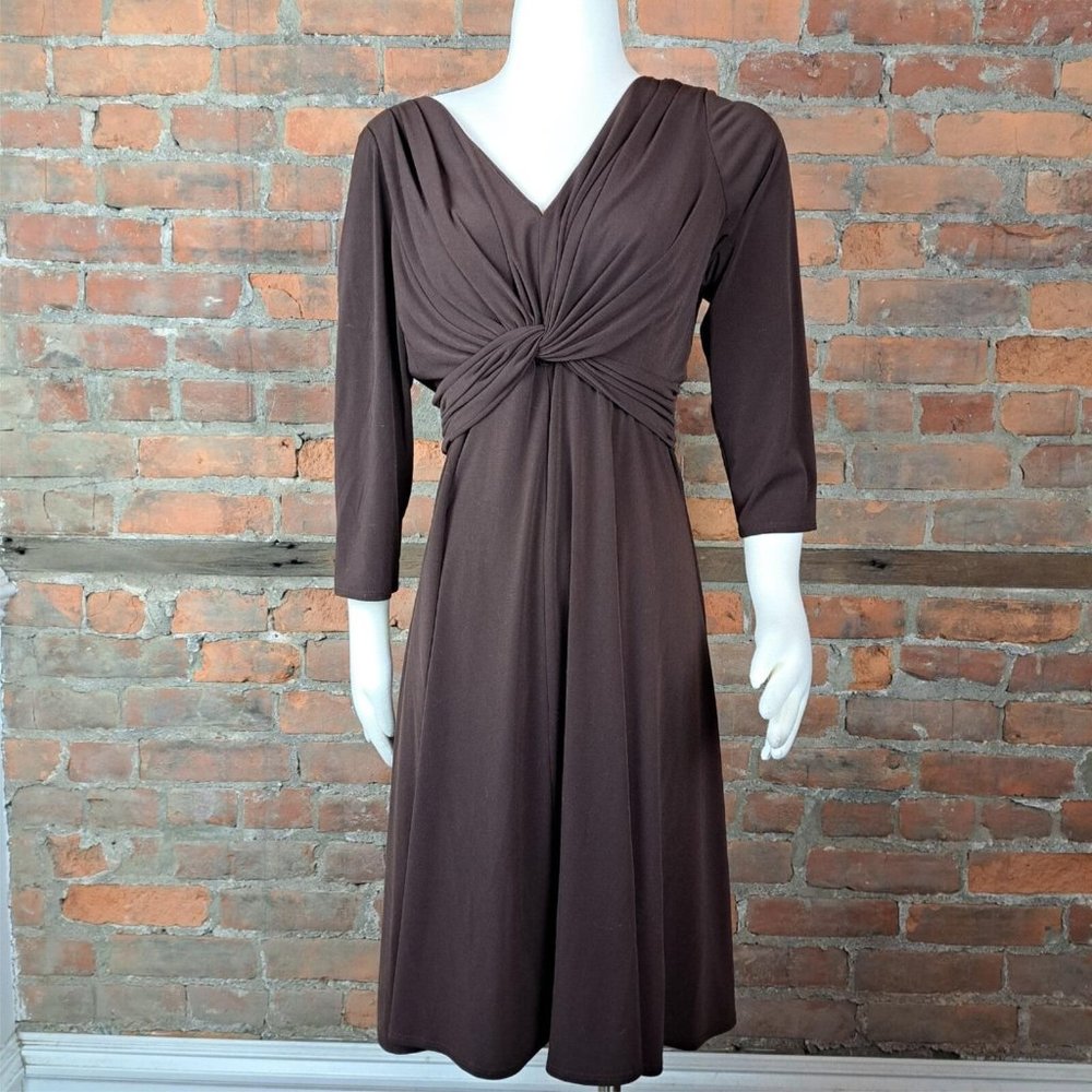 Maggie Boutique Knit Dress Faux Wrap Brown Midi Length Size 8